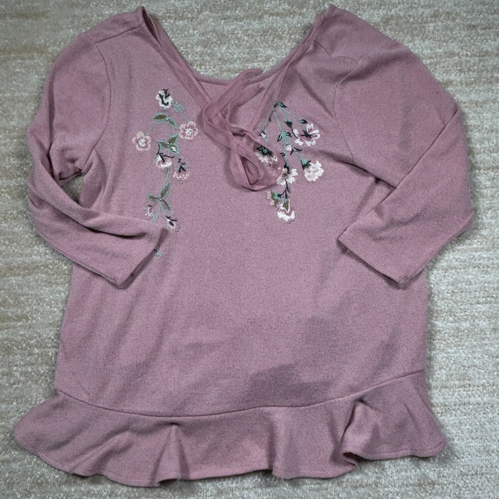 Lauren Conrad Pink Floral Embroidered Ruffle Hem V-Back Tie Top Medium